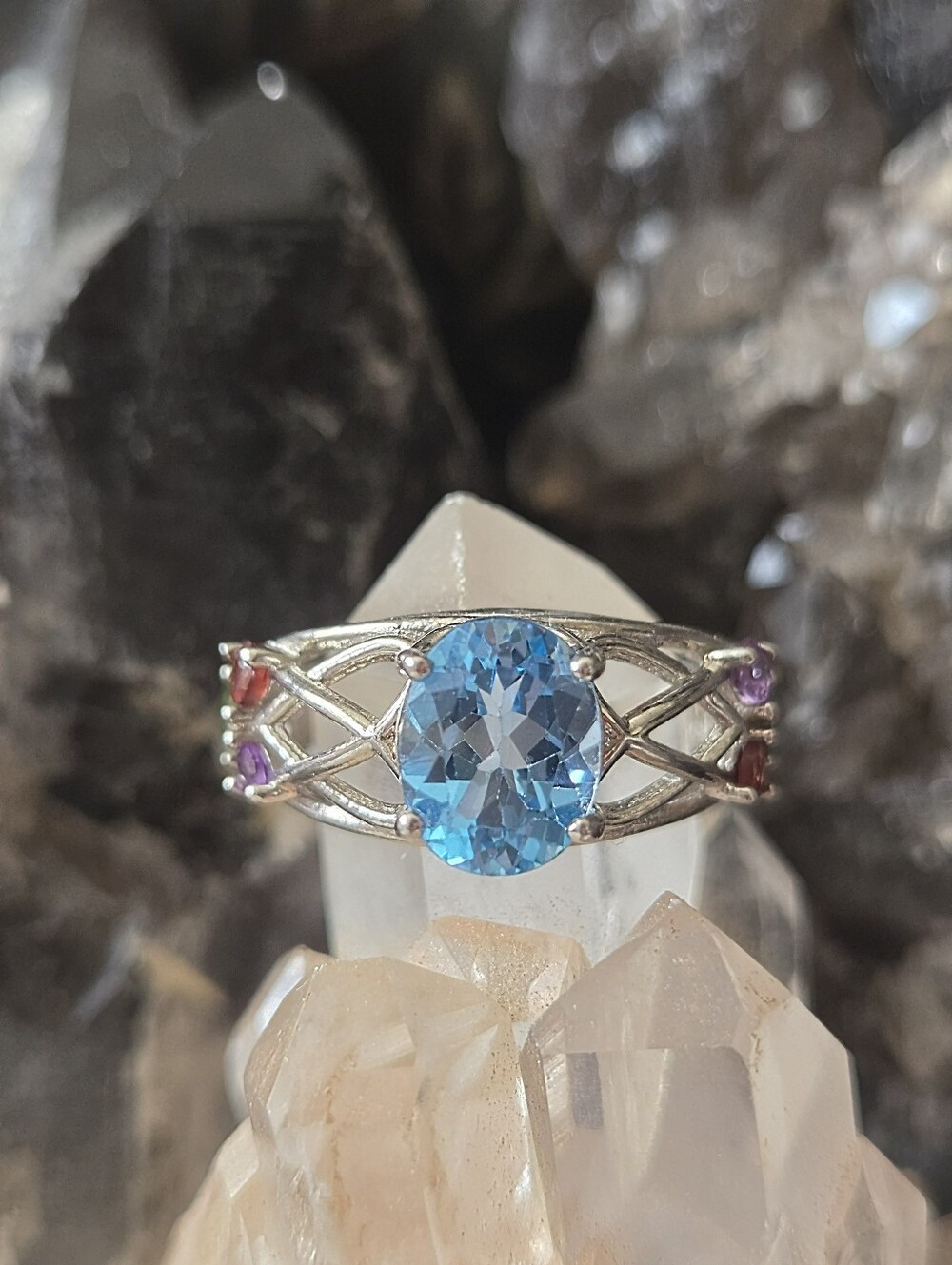 NWT Genuine Sterling Silver Blue Topaz and Multi Gemstone Accent Ring